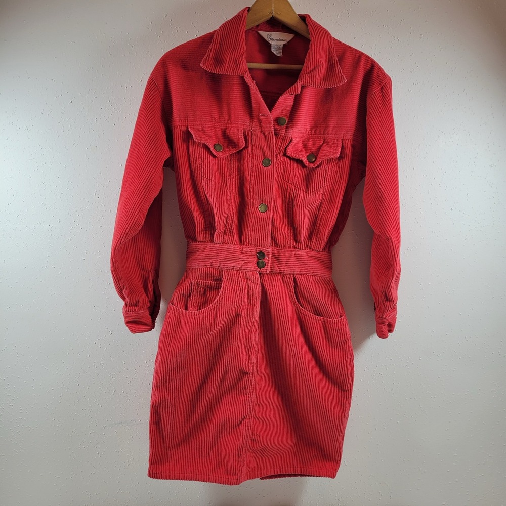 VTG GS International Corduroy Mini Dress Women 5/6 Red Button Front Pocket